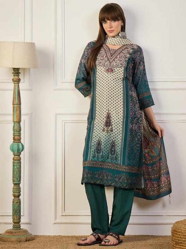 VP 9772 T Teal Noor Ajrakh Kurta Set